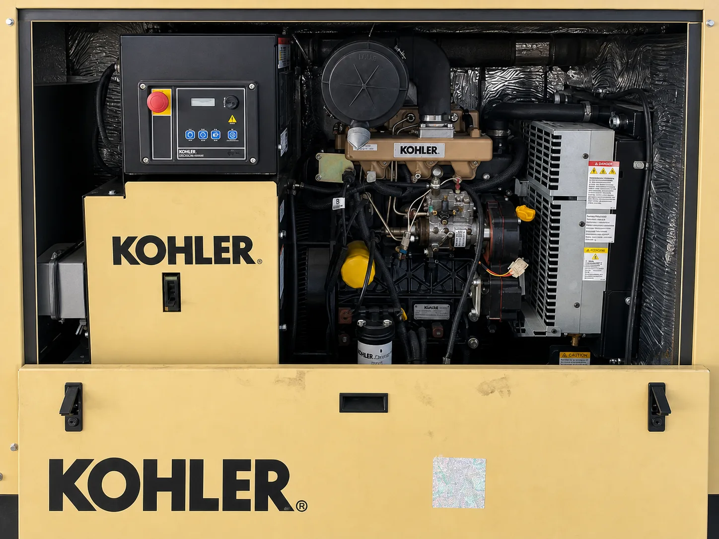 Kohler 15REOZK with enclosure open showing engine and control panel